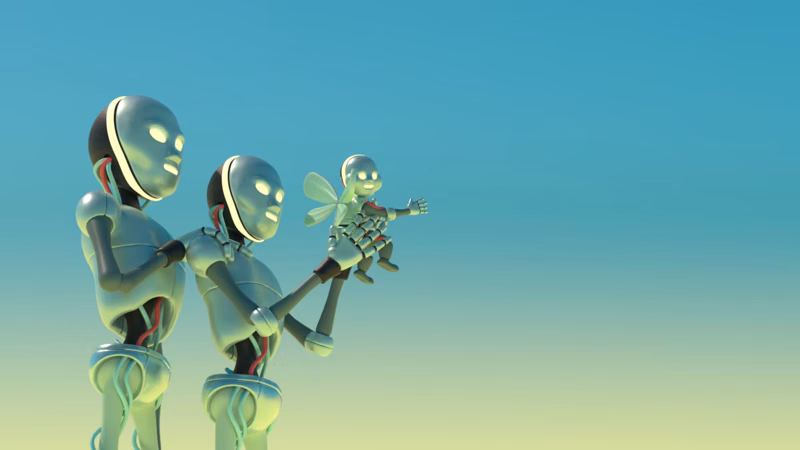 Two 3D rendered robots releasing their robot baby into the teal blue sky.