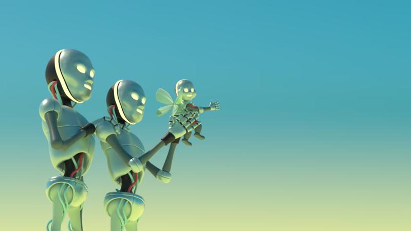 Two 3D rendered robots releasing their robot baby into the teal blue sky.