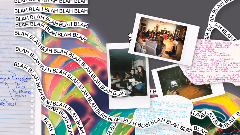 Collage of hand-written poetry, polaroids, BLAH BLAH BLAH verses, and hidden people.