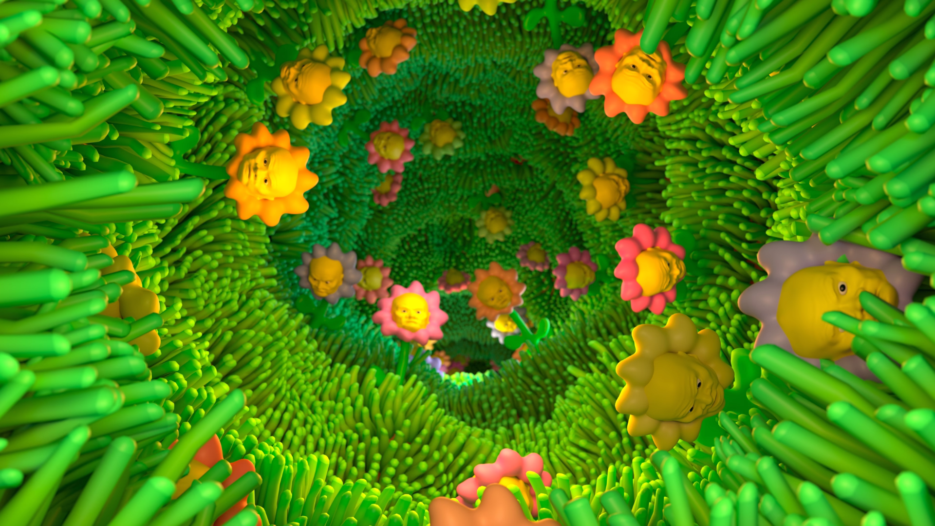 3D cartoon wormhole made of grass and flowers made from Creed Bratton's face.