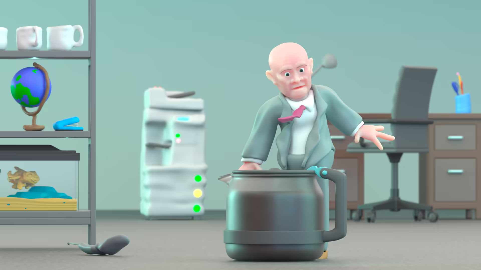 3D sculpted character in grey suit in bland office, about to fall into an abnormally large coffee pot.