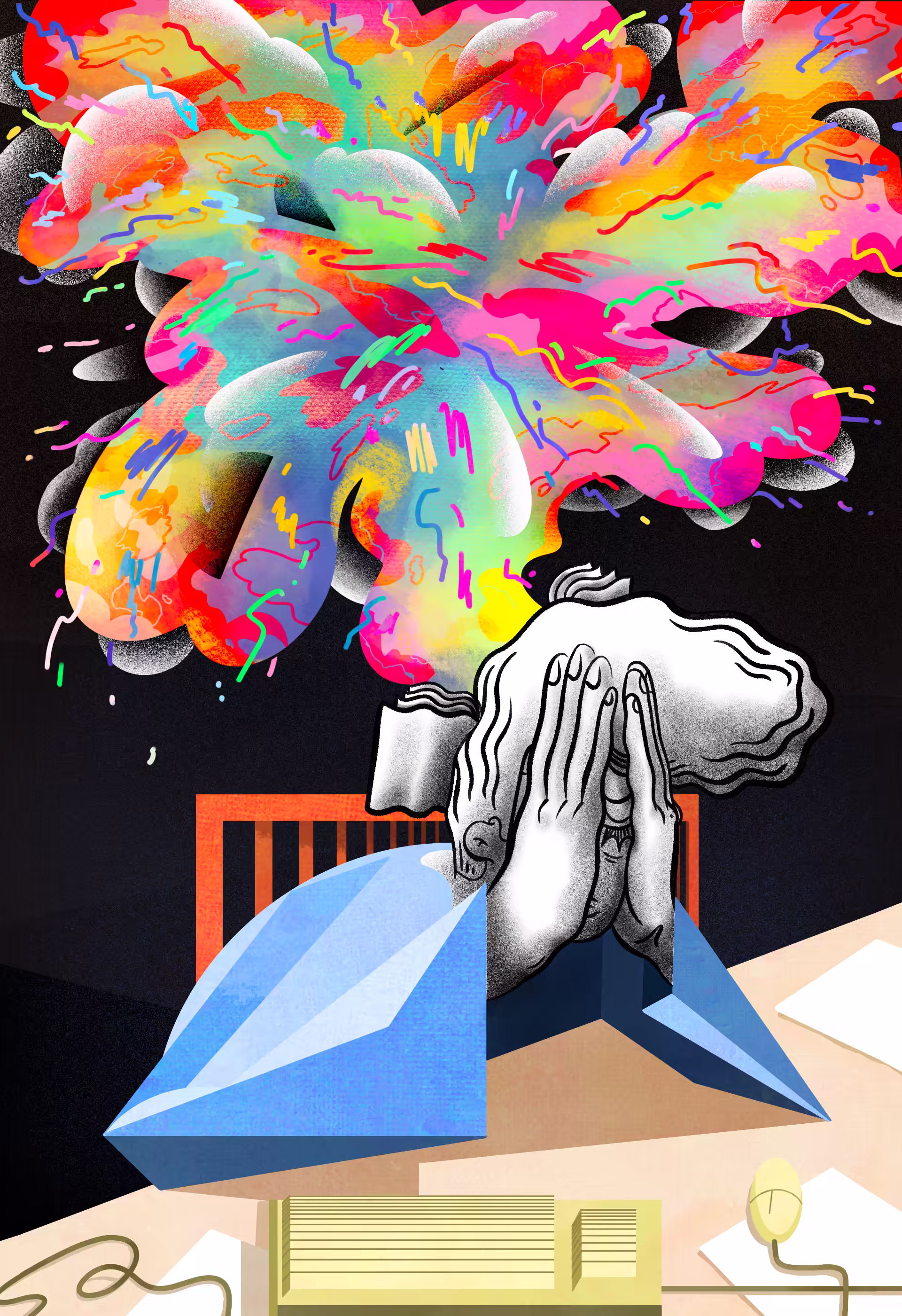 Illlustration of a man's brain exploding, in a colorful abstract and stylized manner.
