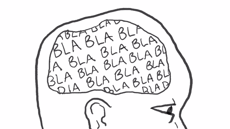 Comic illustration showing the words BLAH BLAH BLAH in a human's brain.