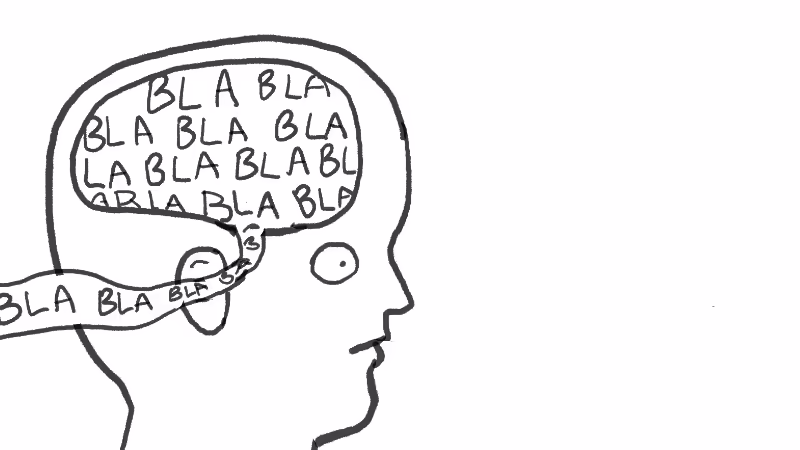 Comic illustration showing the words BLAH BLAH BLAH getting sucked into a human's head.