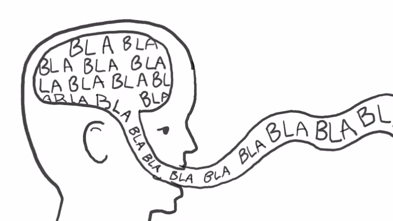 Comic illustration showing the words BLAH BLAH BLAH flowing out of a human's brain and out of their mouths.