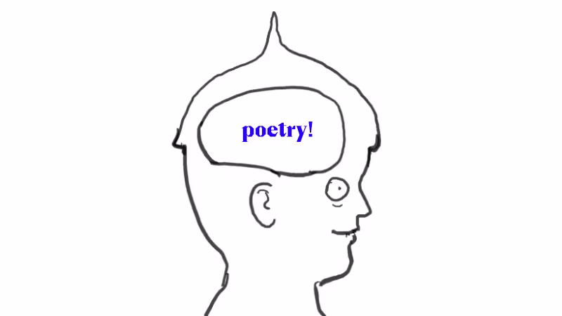 Comic illustration showing human's brain generating poetry.