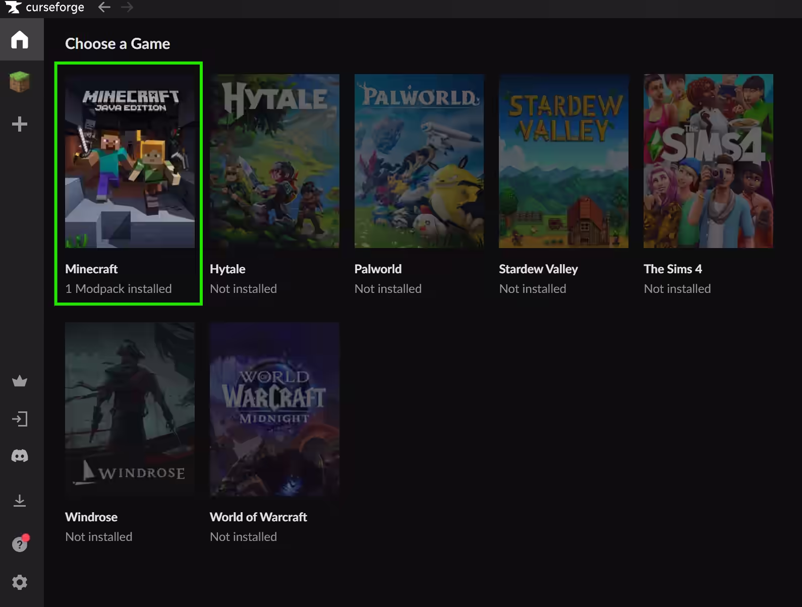 CurseForge choose a game screen